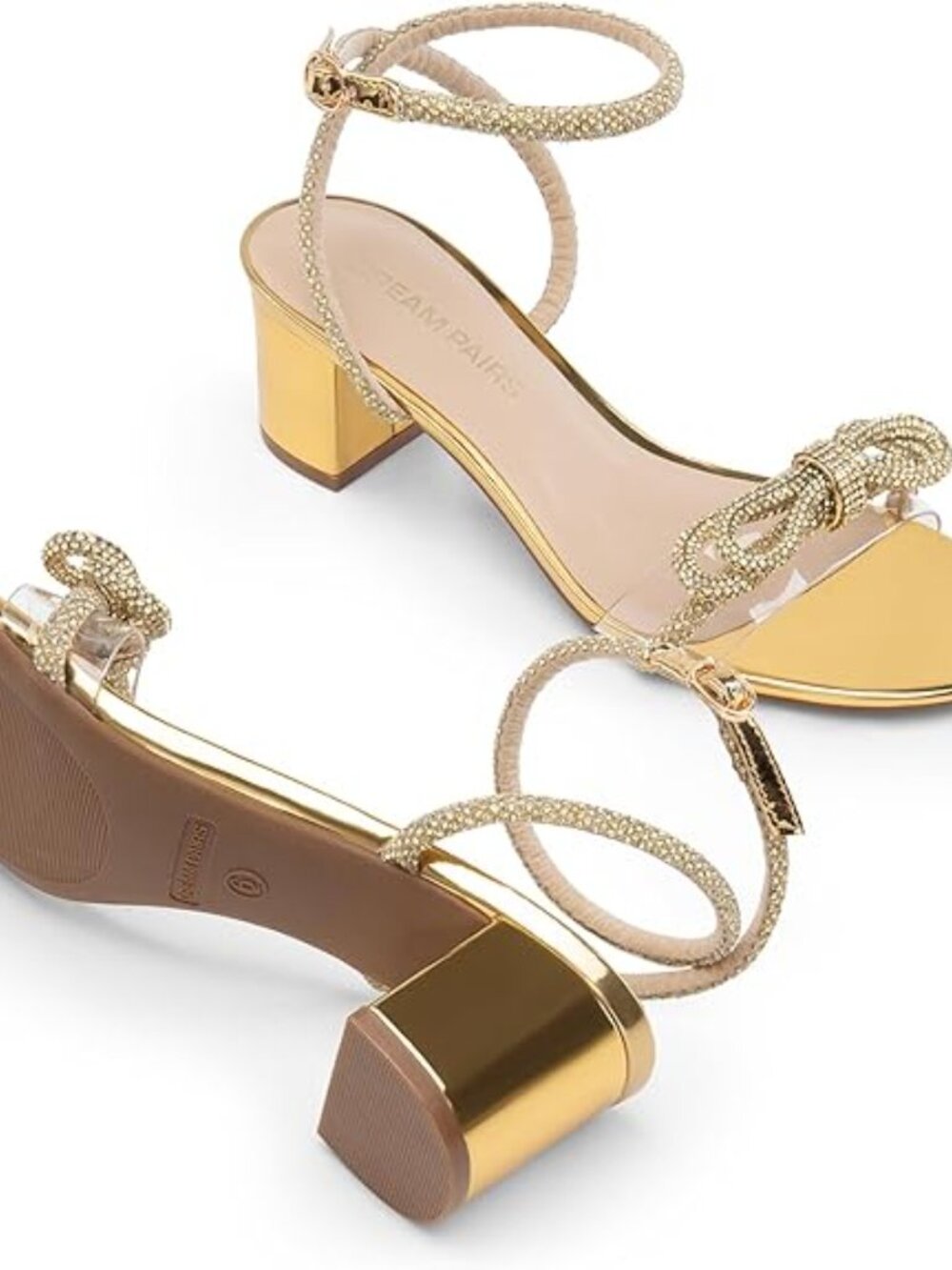 Women's Double Bowknots Crystal Sandals Low Chunky Heels Clear Slingback Dress S